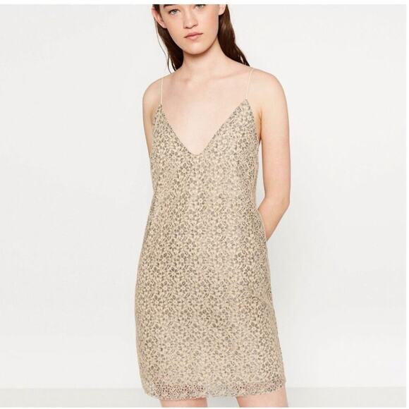 ZARA Beige Gray Lace Spaghetti Strap Lined Slip Dress size Small - Picture 2 of 11